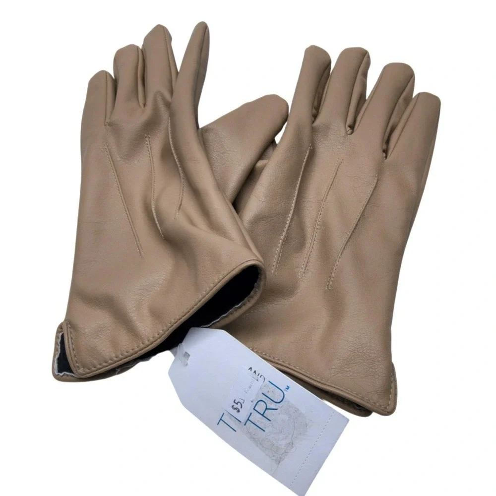 Time & Tru Women's 3 Point Solid Tan Lined Faux Leather‎ Winter Gloves L/XL NWT